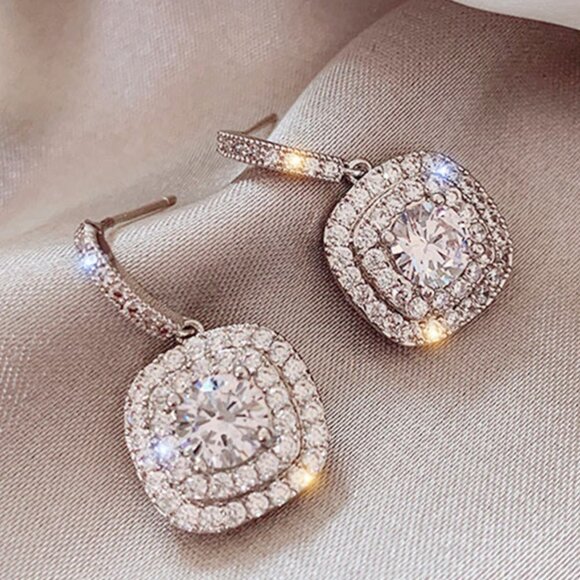 🔥 White CZ Geometric Shape Diamond Luxury Drop Earring for Women, HA4525 - Picture 2 of 6